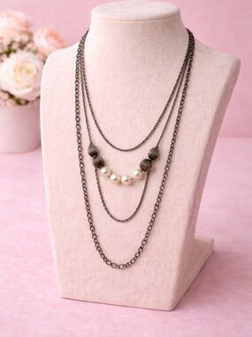 Layered Gunmetal Necklace with Pearl Accents - Women Jewelry